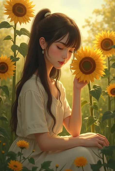 A girl with her hand sunflower alone sitting peaceful place 
