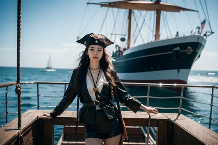 Beautiful female pirate standing on the deck of a pirate ship。 pictures of super beautiful and cute Japanese female pirates that are a big hit around the world on an old pirate ship。名作で有名な巨匠の写真家が撮影した大ヒットのmasterpiece写真。(masterpiece: 1.3), (8k, Realistic,  R...