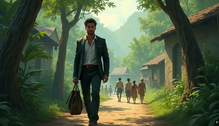 A mysterious man, Charan, looking so handsome, coming the jungle path that leads to the village. He is dressed in modern city attire, carrying a small bag, with a confident and charming demeanor. Villagers are seen observing him curiously from a distance."