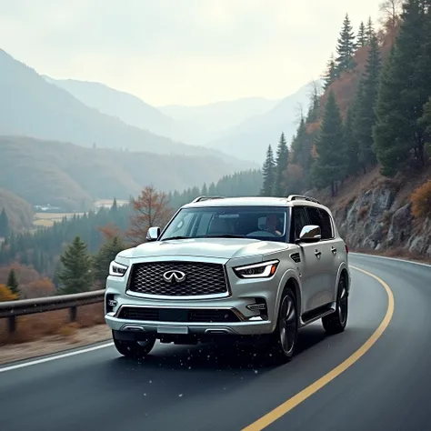  2018 Infiniti QX80 silver-white car,  is driving along a beautiful road on the edge of a forest in Croatia , beautiful landscape, late autumn , its snowing lightly 