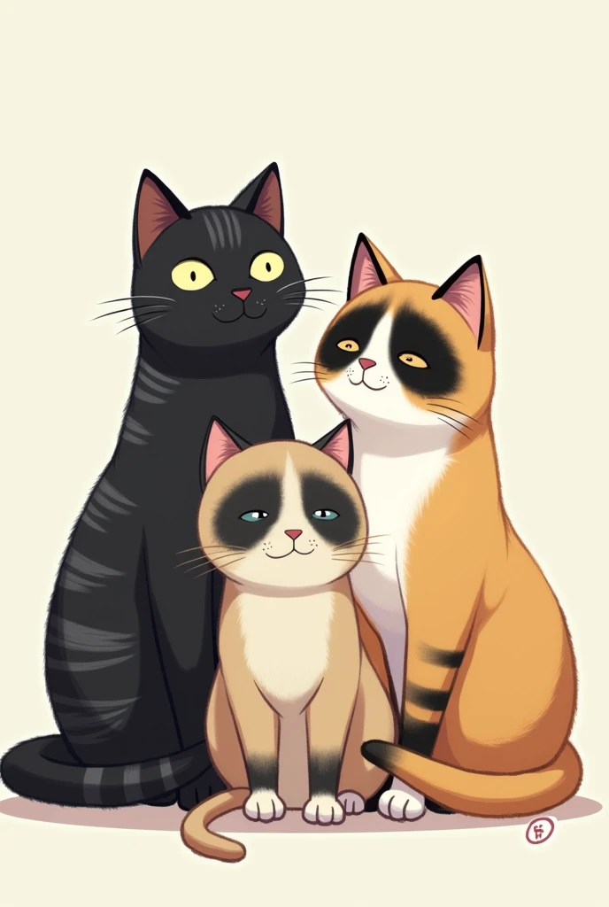 3 not so fat cats sitting together, the first cat is a black striped cat, second cat is light yellow brownish cat with a white fur on its chest, and 3rd cat is a not fully black cat but has black fur on both of its eyes, with white fur on its nose and body...