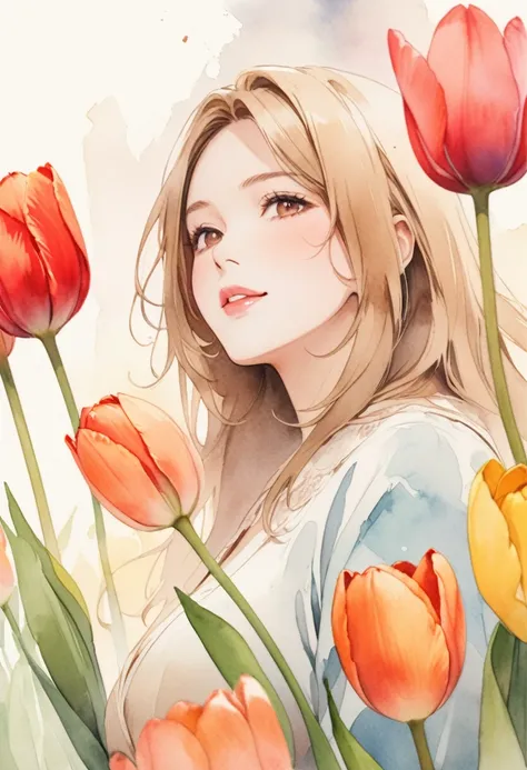 Watercolor、 old paper texture、Damaged Paper、Old style、Faded color、Thick Fog、composition、Golden Ratio、Functional、grace、 details、background、Soft colors、Blurred Lines、Ayano Fujisaki, 48 years old, round face, Dark Eyes,  fine lines of laughter ,  elegant ,  p...