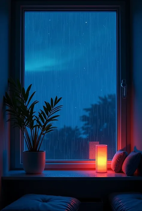 raining, Neon lights on the windowsill shine at night、unmanned. The scenery is enveloped in the silence of the late night.、The beauty of the universe that spreads out beyond the window glass spreads out before your eyes.。Neon lights illuminate the room fan...