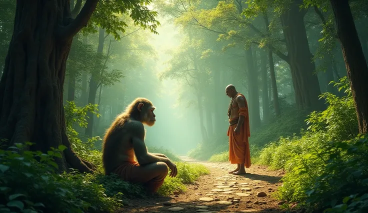 Hanuman’s Role in the Mahabharata
"Hanuman seated on Bhima’s path in a dense forest, appearing as a frail old monkey but radiating immense power, testing Bhima’s humility."