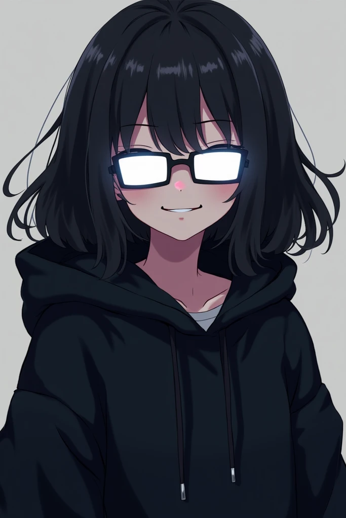 Generate an anime girl in a black oversized hoodie, black shoulder length fluffy hair that frames her face, rectangle glasses with white glowing lenses, completely hiding her eyes, and a devilish grin