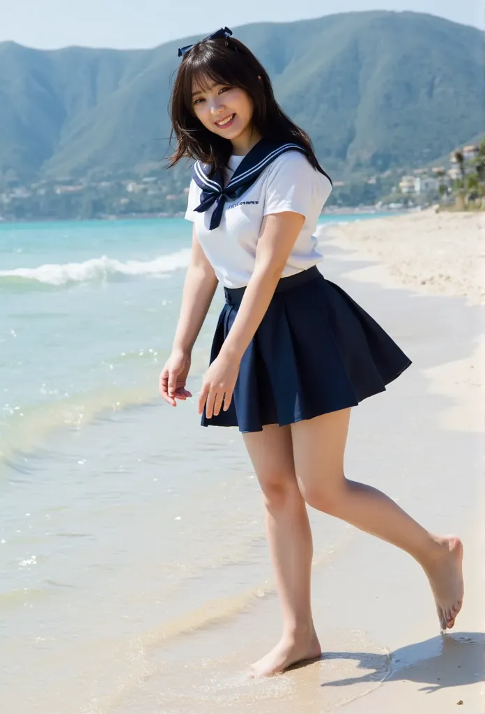 (((sunny day、japanese 、 beach 、 strong wind is blowing 、 her hair and skirt are fluttering、squat,   scoop up seawater and spread...