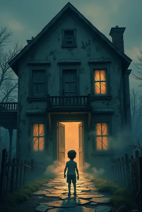 A boy in shorts enters a haunted house