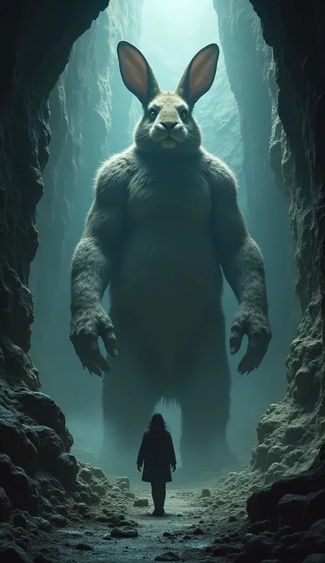 Create a fairy tale picture of a haunted giant rabbit in a cave