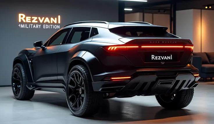 Realistic of futuristic 2025 Rezvani Vengeance military edition with modification good looking black back sided angle parked in showroom 100% real images high with resolution logo on car light on car show name on background give me excellent results  back ...