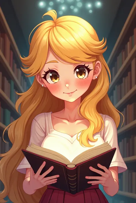 Create a logo with the full name  "book club" In Brazilian Portuguese it is the image of a blond woman with light eyes reading a book with a background library in an anime model.