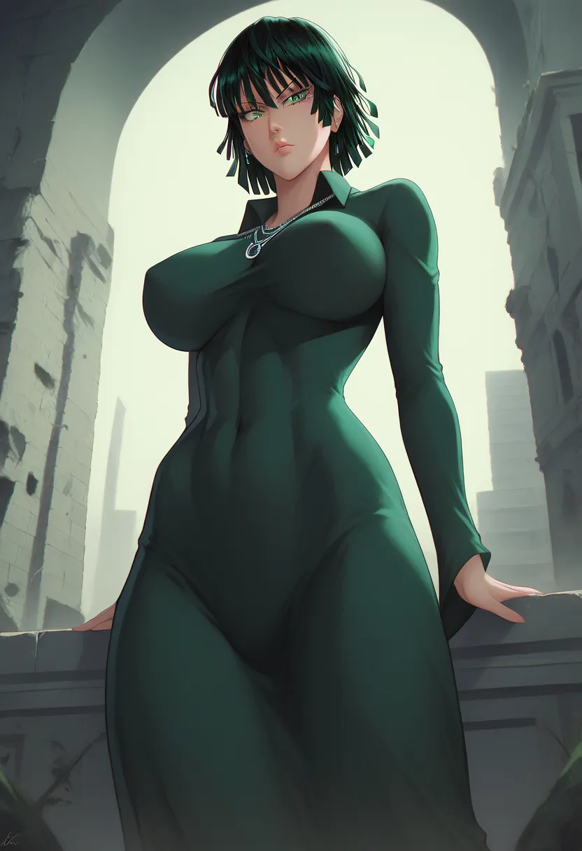 (portrait),1girl,fubuki\(one punch man\),black hair,short hair,green eyes,taut clothes,big breasts,green dress,necklace,serious ...