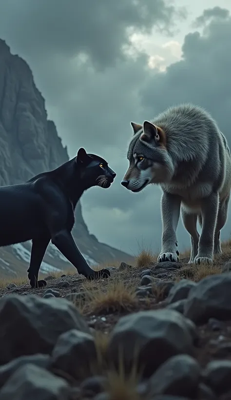 "Create an image depicting a dramatic encounter between a sleek black panther and a large, imposing wolf, both shown in full body, facing each other in a rugged rock field on a mountain with a dark cave in the background under stormy, dark clouds.

The bla...