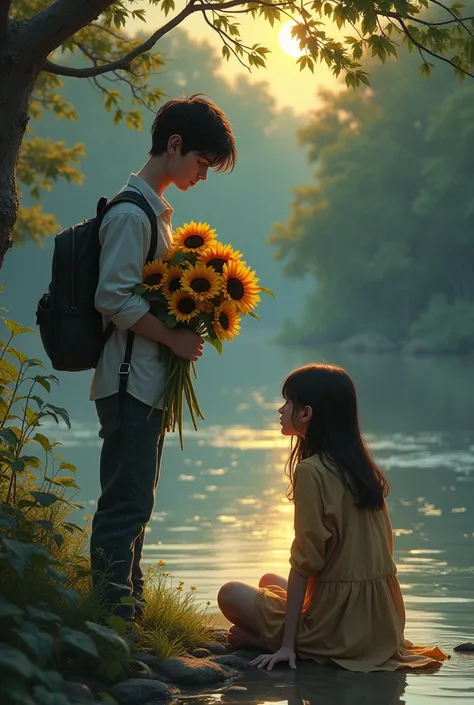 A 18 year boy who are very serious hold him hand peaces of sunflower andthe girl who give break up him and sitting alone peaceful in riverside 