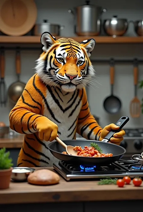  in a kitchen with lots of cooking utensils 、 there is a brown tiger cooking with a frying pan。
 is cooked on gas 。
Produced just like the real thing 。