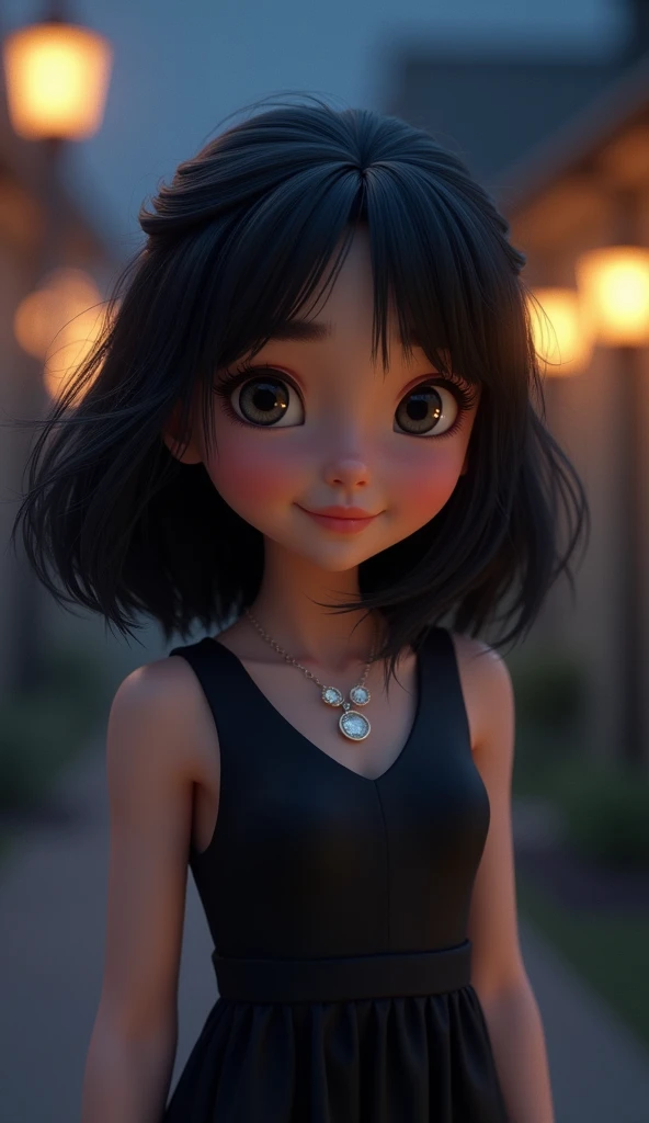 Create a image  of 3D animation cute  girl, medium size black hair wearing  a black dress .  night image,  
