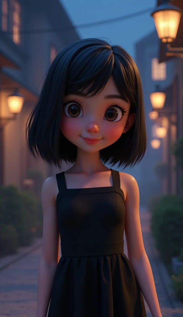 Create a image  of 3D animation cute  girl, medium size black hair wearing  a black dress .  night image,  
