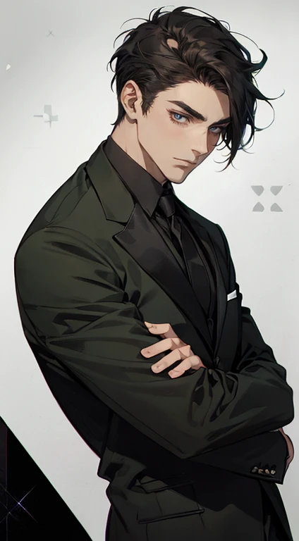 ((a young man in a black suit and tie)), taken in the early 2020s, gotham, alejandro, he looks very sophisticated, (((left side swept bang black short hair))), (dark green eyes and thick eyebrows), smirk. ((20 years old)), ((Black suite and black tie)), ma...