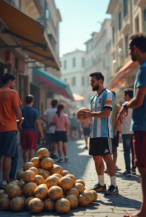 (photorealism:1.2), At a busy street corner, Lionel Messi holding a football on his hand talking to some people and selling a pile of football
