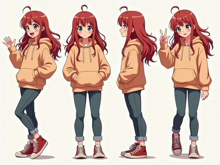 create a female anime character with a few panels with different expressions and hand gestures with proper dressing like a hoodie and jjeans or something to be used as a face for my youtube channel