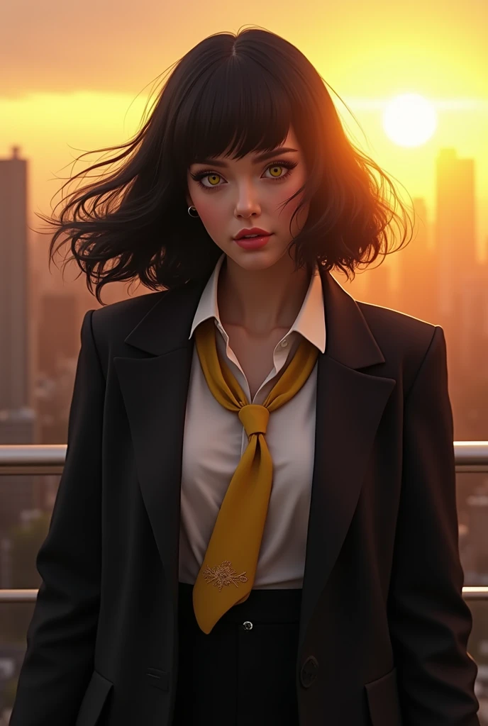 1girl, intricate detail, masterpiece, best quality, extremly detailed,cinematic lighting, beautiful detailed glow, finely detailed beautiful face and eyes, 8k, dark intense shadows, yellow eyes, medium hair, black hair, bangs, floating hair, black jacket, ...