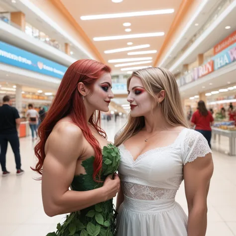 2girls, masterpiece 35mm raw bokeh shot of (harley quinn), and (poison ivy), beautiful women, long hair, huge muscles, intricate...