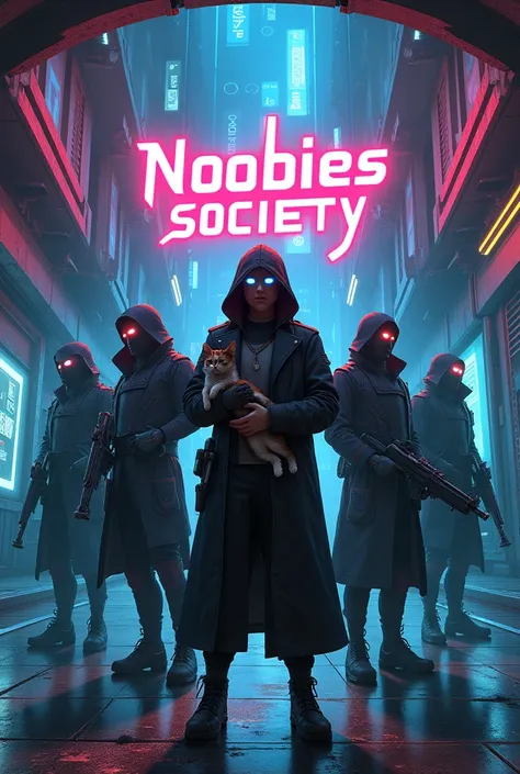 Cyberpunk scene inside a hidden base called NOOBIES SOCIETY. The leader is a young  wearing a black cloak, holding a cute cat in one arm. The  exudes a mysterious aura, despite their youthful appearance. Surrounding the leader are four other members, all m...