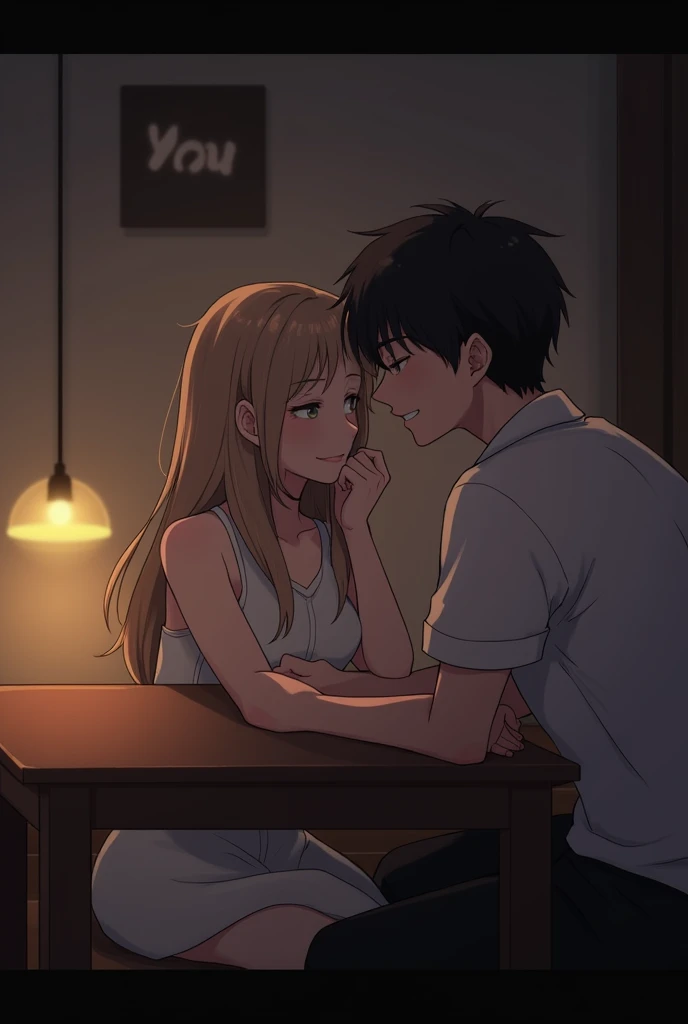 "A romantic scene in a cozy, dimly lit room. A girl is sitting at a table, her posture relaxed yet elegant, with soft, warm lighting highlighting her features. Next to her, a boy leans in close, whispering something sweet and romantic into her ear. His exp...