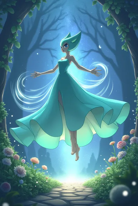 Gardevoir: Design a celestial garden with Gardevoir gracefully levitating. Its flowing gown-like body shimmers under the starlight, and its arms extend outward as it creates glowing psychic orbs.