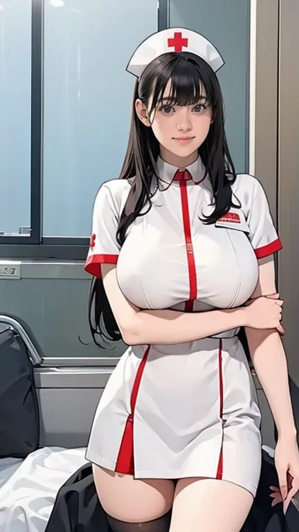 there is a nurse in a nurse uniform in the hospital  、 black stockings、long hair、 thin waist、 big breasts 、smiling gently