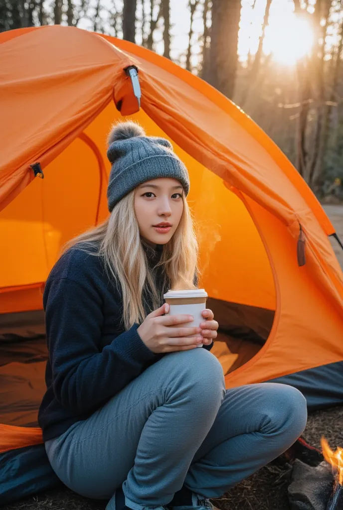 a professional outdoor photography of a beautiful young blond woman camping the wood; she wearing an fleece jacket, sweatpants a...