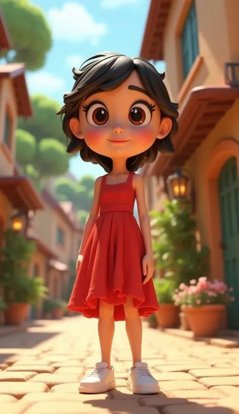 Generate a high quality, realistic seen in cinematic 3d style.
"A Cartoon villege women character with a round face and large expressive eyes, It wears a red dress ,and white sneakers"

