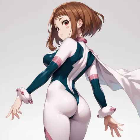 (side angle), ochako uraraka, brown eyes, brown hair, short hair, blush, blush stickers, bodysuit, skin tight, superhero, slender body, tiny waist. sexy body, sexy figure, slim legs, slim figure, sexy, tiny waist, desireable, tempting, lust, butt, back vie...