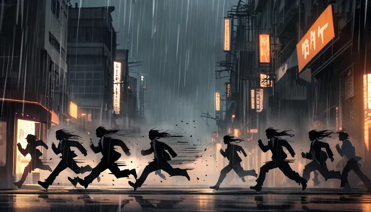 anime、 man in a black suit ,  Running,  side view,  black hair,  rainy street , Stormy Weather, urban background,  central character hurries ,  dynamic motion,  contrast , animeチックな構図, 70% background, 30% theme