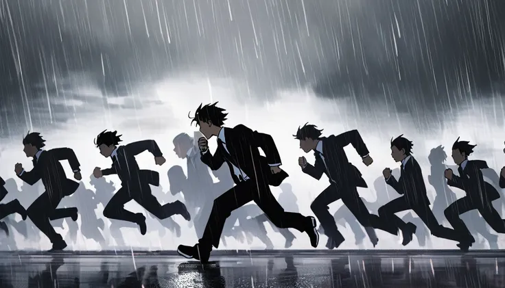 anime、 man in a black suit ,  Running,  side view,  black hair,  rainy street , Stormy Weather, urban background,  central character hurries ,  dynamic motion,  contrast , animeチックな構図, 70% background, 30% theme