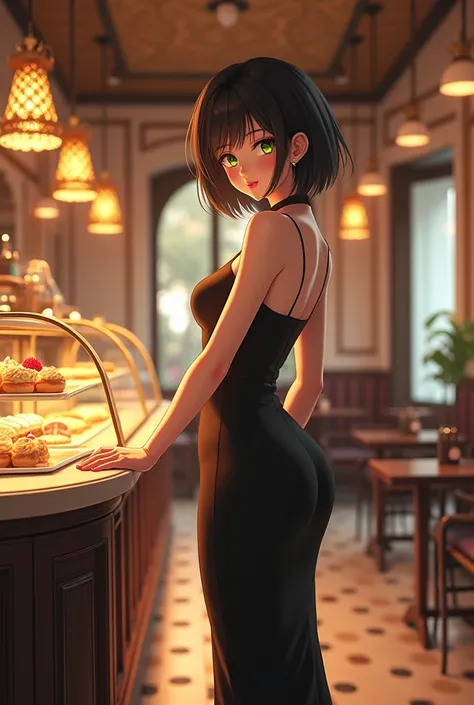 (anime) Girl with black and short hair about 24 years old, green eyes,  big breasted bakery, tall slender.  Dressed in an evening dress, short wearing heels 
