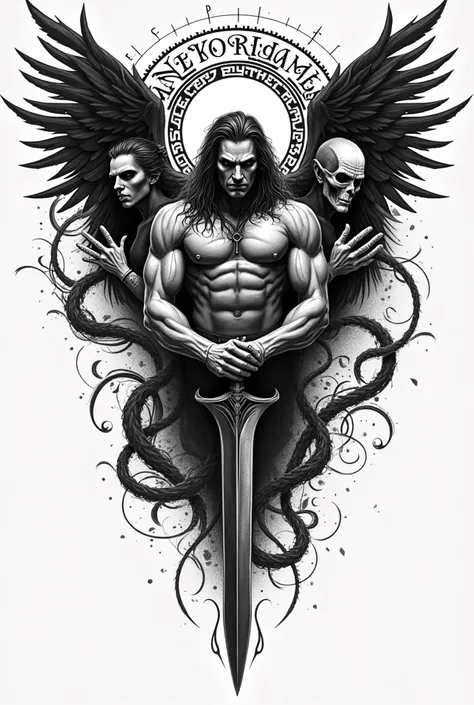 Tattoo design with letters, RIPPER with an angel and a demon in the form of a tribal 