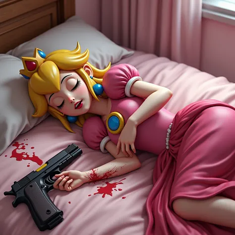 Full body image of realistic Princess Peach with her classic yellow hair, wearing her classic pink dress, dead sleeping lying on bed with her eyes closed, and covered in blood, and a pistol covered in blood near her on the bed, her eyes closed dead and mou...