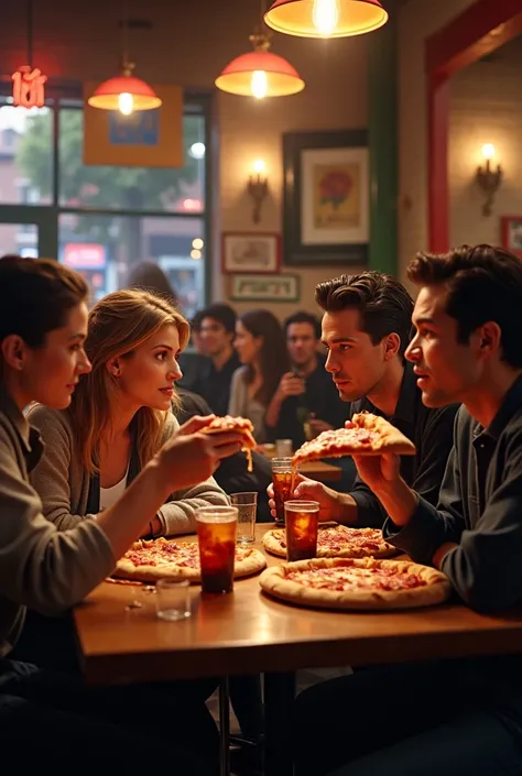 The main characters of the television series Friends are in a pizzeria eating