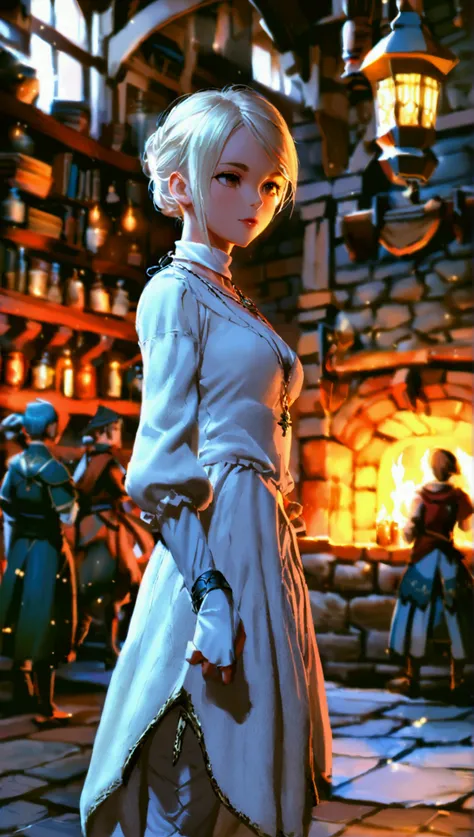 A petite Japanese woman with platinum blonde hair styled in a short straight bob stands confidently in a bustling town guild hall. She wears a form-fitting white mage robe designed for movement, resembling a fitted tunic with a hood. The fabric hugs her si...