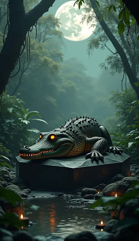 A giant crocodile resting on a sparkling black onyx diamond pedestal in the middle of a mystical jungle. The crocodiles scales are a blend of dark green and gold, glowing faintly in the moonlight. The onyx diamond reflects the light, creating a dazzling di...