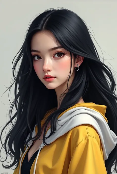 Realistic 19 year old woman black long hair white yellow black hooded