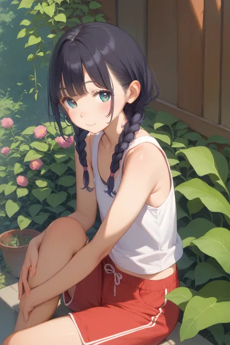  High Quality、Beautiful eyes、Detailed eyes、 cute face、 Baby Face 、、 elementary school students、 tank top、 black hair、 hair with braids、 girl、whole body、 flat chest、 shorts 、garden