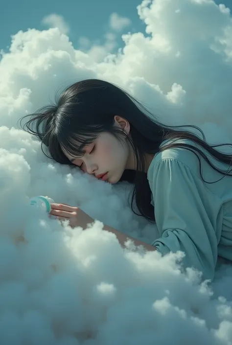 Realistic like a photo, teen girl with depression sleeping on cloud, sleeping ,long black hair, bang, medicine 