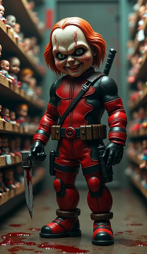 "A chaotic and unsettling hybrid blending Deadpools irreverent humor and combat skills with Chuckys sinister doll-like form. The figure stands at like height, wearing a patchwork red and black suit adorned with stitches and scuffs, its face a twisted mix o...