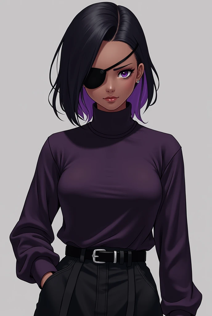 Generate a black skinned muslim anime girl with black-purplish shoulder length wolfcut hair and a black eyepatch on her left eye, purple turtleneck sweater, black belt, and black baggy jeans