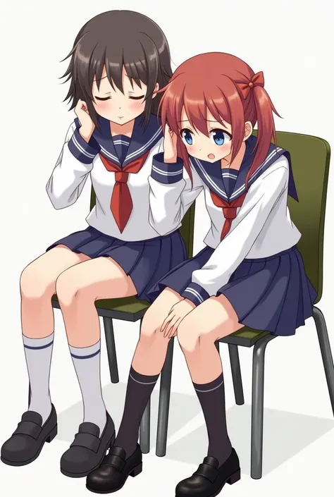 A female student dressed in a school uniform, a knee-length skirt, two high school students sitting together in a chair, one person at an angle of 100 degrees, the other suffering, the other looking sensitively.