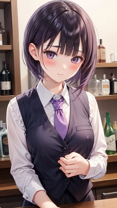 1 Girl,  alone,  bangs,  blush, Hold hands in front of chest , Jill Stinley, Long sleeve,  looking at the audience,  purple hair,  medium breasts, tie, shirt,  alone,  upper body, Vest,  Bartender, Vest, white shirt,