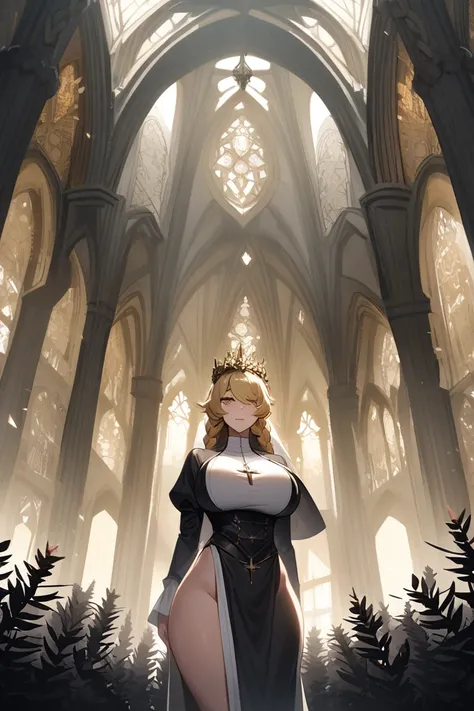  old nun clothes ,  bramble crown,  Stainless Steel Eyes ,  Women with Big Breasts , sexy woman, Blonde,  Braided Hair , Saintess, Old church 