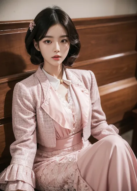 A Korean man in ladies vintage suit dress, he is crossdresser, body like a woman, slender female body, pink, Rich lace and frills, long sleeves, cropped jacket, mermaid line long skirt, tweed, sit quietly