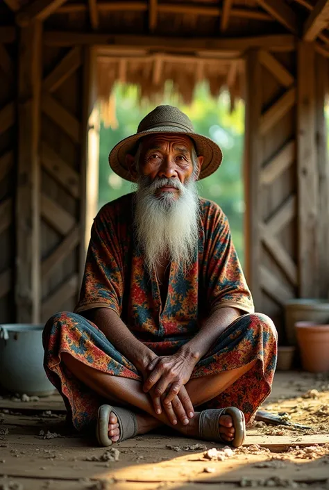 Old man wearing traditional Javanese clothes sits in a rice hut